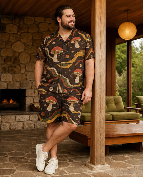 Big and tall man wearing the Retro Mushroom Orbit matching set in a coordinated lifestyle setting