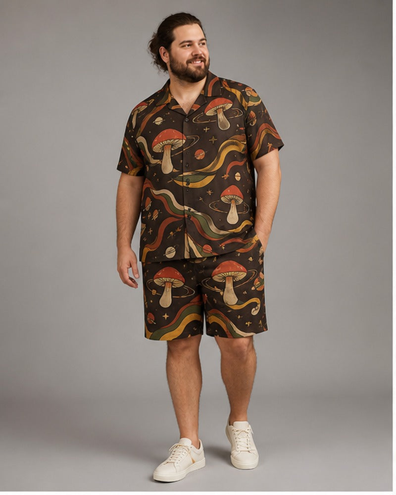 Big and tall man wearing the Retro Mushroom Orbit pocket-free shirt and matching shorts set, clean full-body studio view