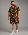 Big and tall man wearing the Retro Mushroom Orbit pocket-free shirt and matching shorts set, clean full-body studio view