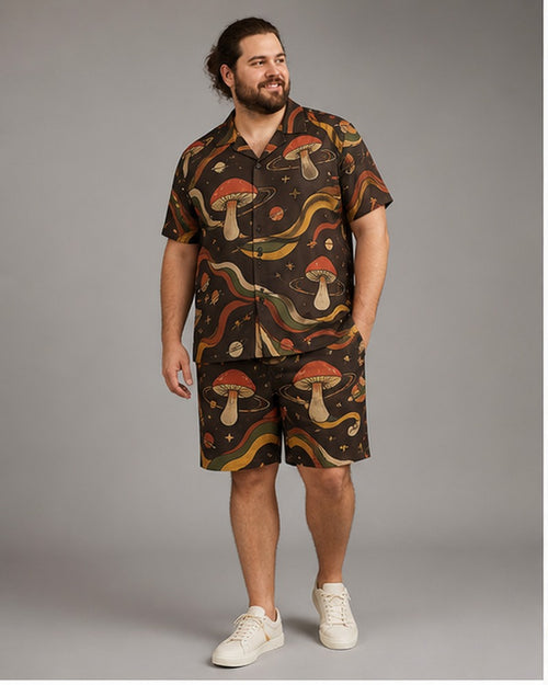 Big and tall man wearing the Retro Mushroom Orbit pocket-free shirt and matching shorts set, clean full-body studio view