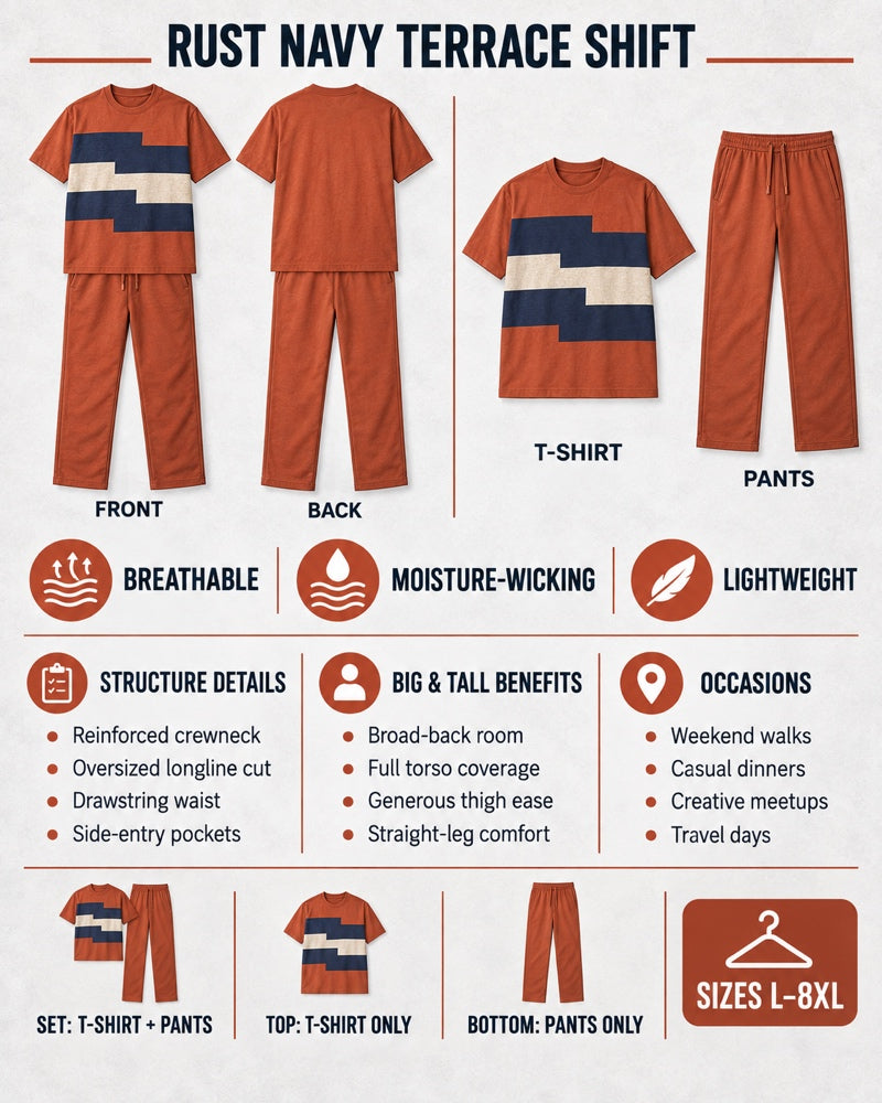 Rust Navy Terrace Shift front and back, construction, fit, occasions and Set Top Bottom buying guide