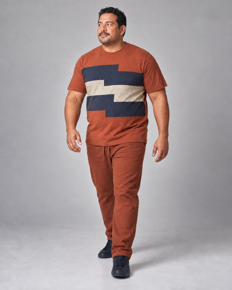 Rust Navy Terrace Shift complete t-shirt and pants set, full body studio view