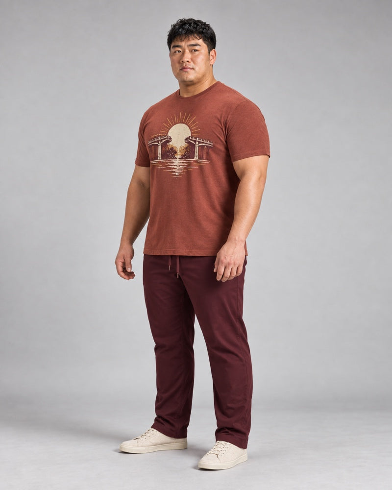 Rust Oat Transit Halo complete T-shirt and pants set, full body studio view