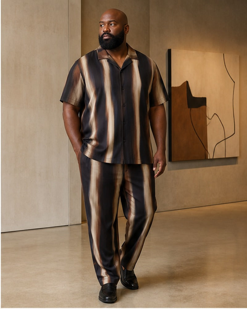 Big and tall man wearing the Sable Mirage Ribbon matching set in a coordinated lifestyle setting