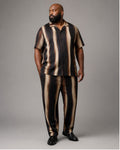 Big and tall man wearing the Sable Mirage Ribbon pocket-free shirt and matching pants set, clean full-body studio view