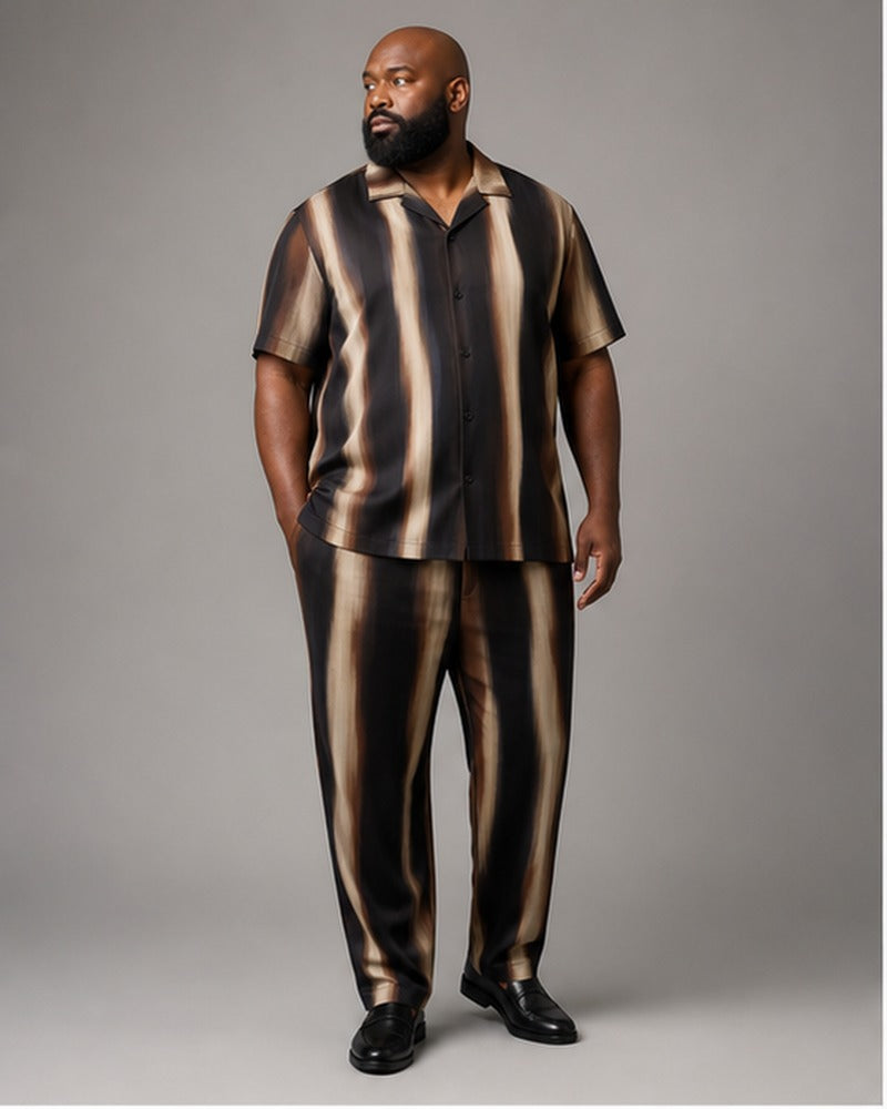 Big and tall man wearing the Sable Mirage Ribbon pocket-free shirt and matching pants set, clean full-body studio view