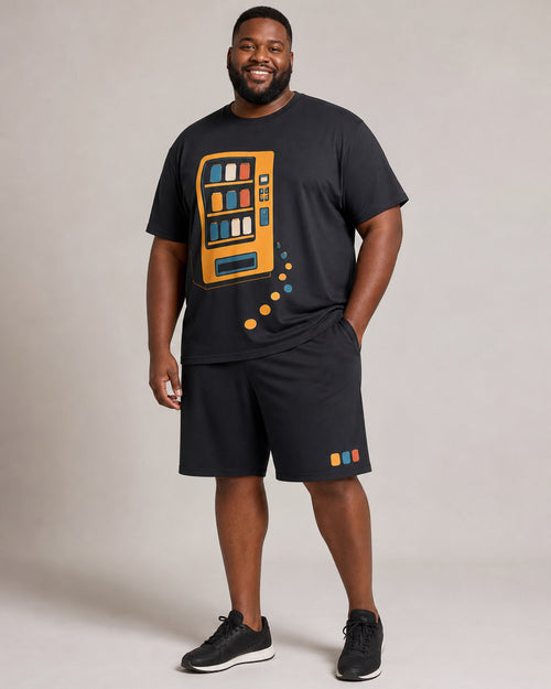 Big and tall man wearing the Saffron Vending Glow t-shirt and matching shorts set, full-body product view