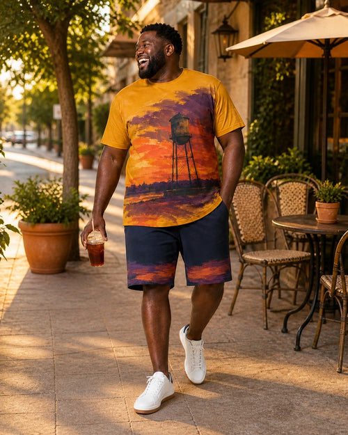 Big and tall man styling the Saffron Water Tower Reverie t-shirt and matching shorts set in a lifestyle scene