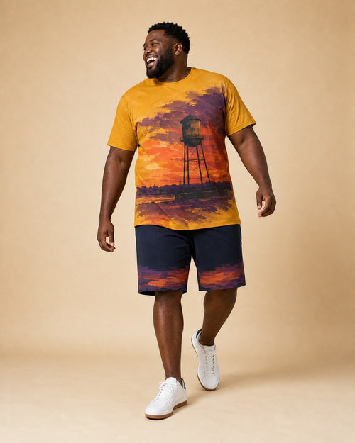Big and tall man wearing the Saffron Water Tower Reverie t-shirt and matching shorts set, full-body product view