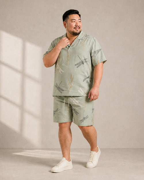 Big and tall man wearing the Sage Dragonfly Meadow pocket-free shirt and matching shorts set, full-body product view
