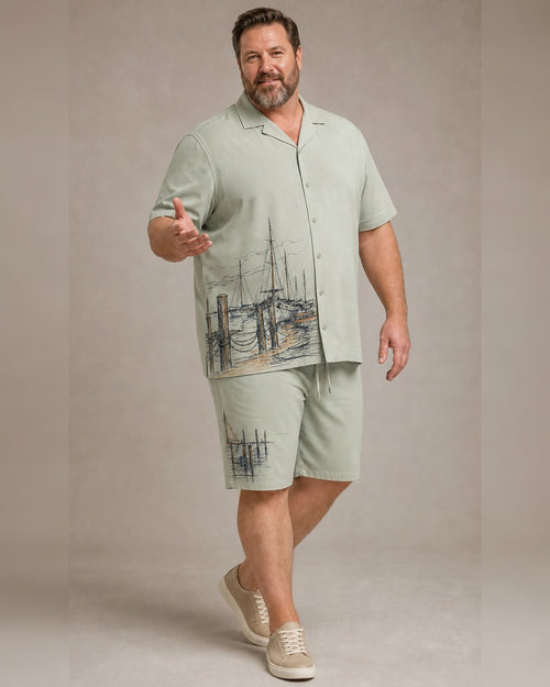 Big and tall man wearing the Sage Sand Harbor Sketch pocket-free shirt and matching shorts set, full-body product view