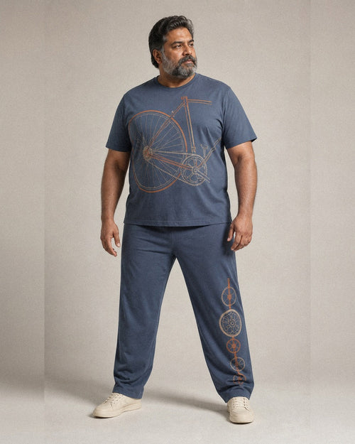 Big and tall man wearing the Slate Rust Bicycle Works t-shirt and matching pants set, full-body product view