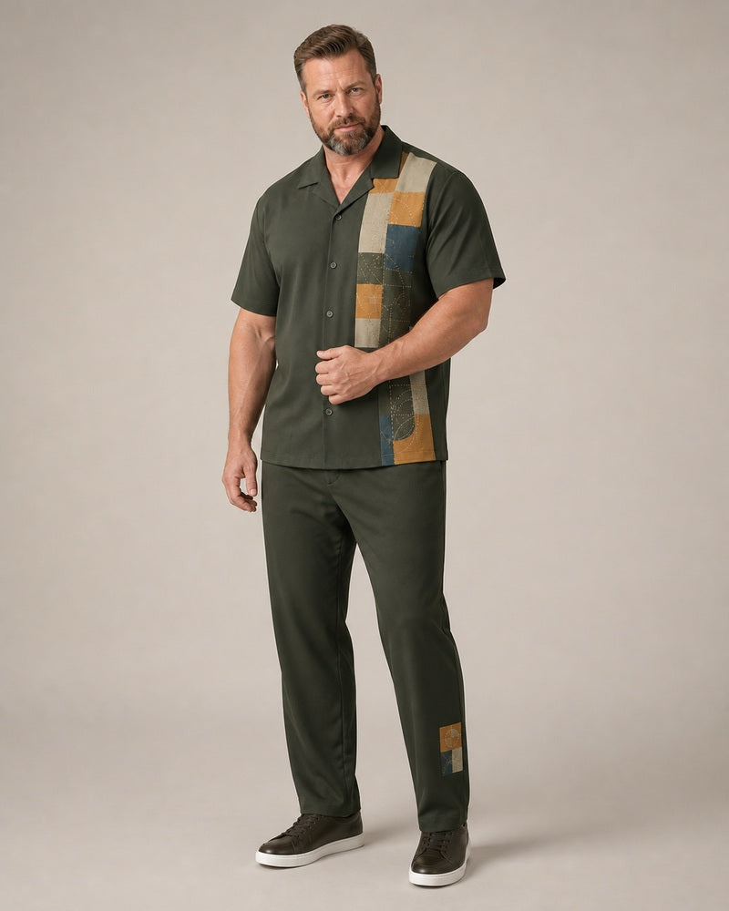 Big and tall man wearing the Solstice Patchwork pocket-free shirt and matching pants set, clean full-body studio view