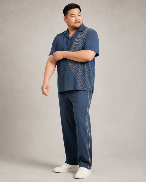 Big and tall man wearing the Steel Pinstripe Pivot pocket-free shirt and matching pants set, full-body product view