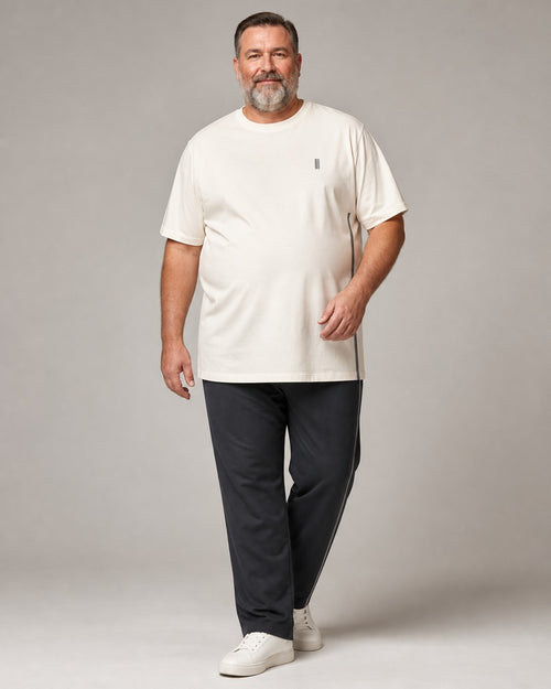 Big and tall man wearing the Stone Quiet Marker t-shirt and matching pants set, full-body product view