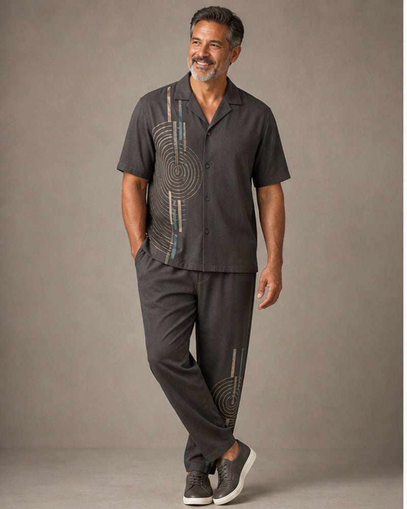 Big and tall man wearing the Stone Ripple Ledger pocket-free shirt and matching pants set, clean full-body studio view