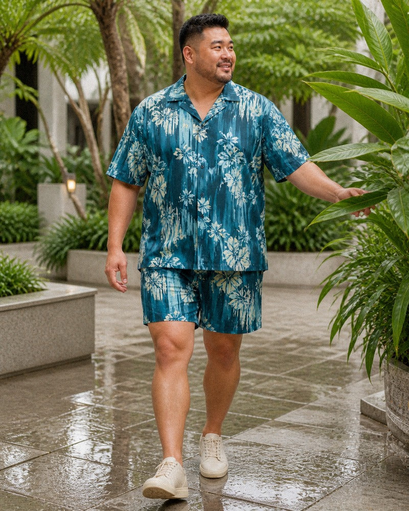 Big and tall man styling the Teal Drizzle Flora coordinated outfit in a natural lifestyle scene