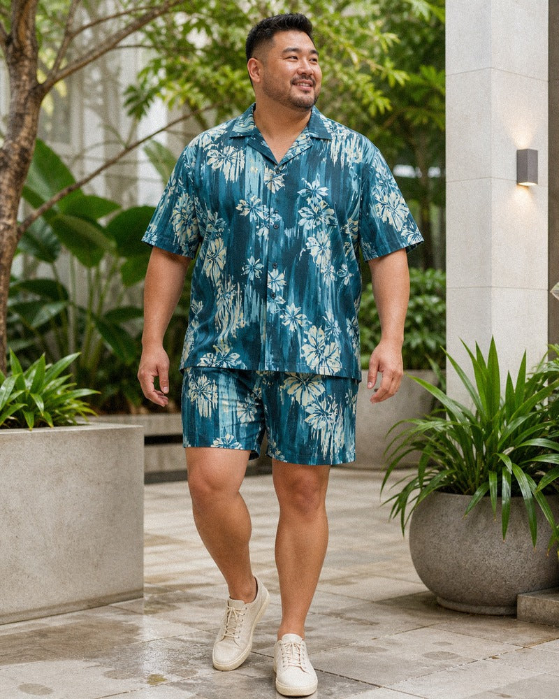 Big and tall man wearing the Teal Drizzle Flora shirt and shorts set, full-body product view