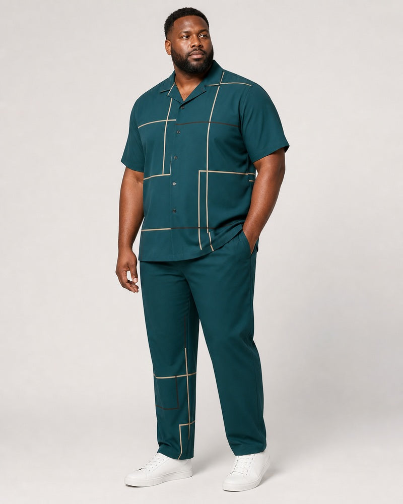 Big and tall man wearing the Tidal Gridline short-sleeve shirt and matching pants set, full-body front three-quarter studio view