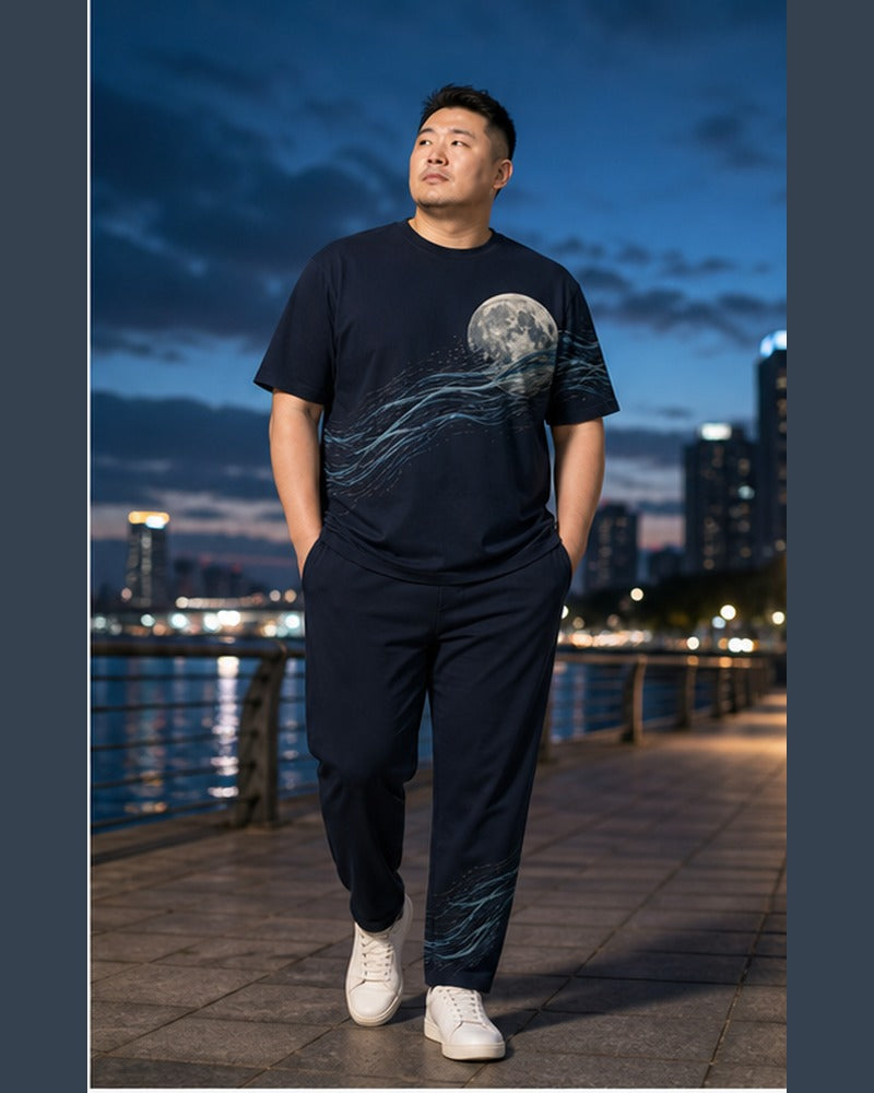 Big and tall man wearing the Tidal Moon Current matching set in a coordinated lifestyle setting