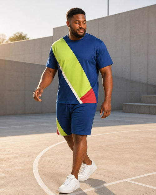 Big and tall man styling the Ultramarine Baseline Cut t-shirt and matching shorts set in a lifestyle scene