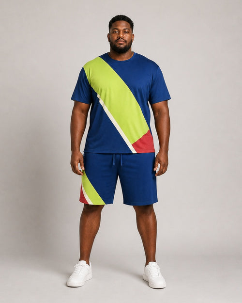 Big and tall man wearing the Ultramarine Baseline Cut t-shirt and matching shorts set, full-body product view