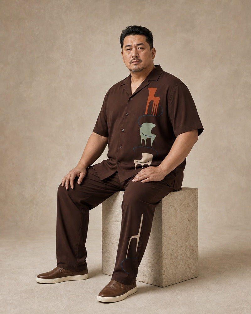 Big and tall man wearing the Umber Chair Museum pocket-free shirt and matching pants set, full-body product view
