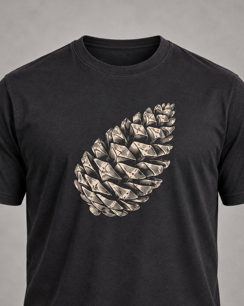 Black Pine Cone graphic and garment details