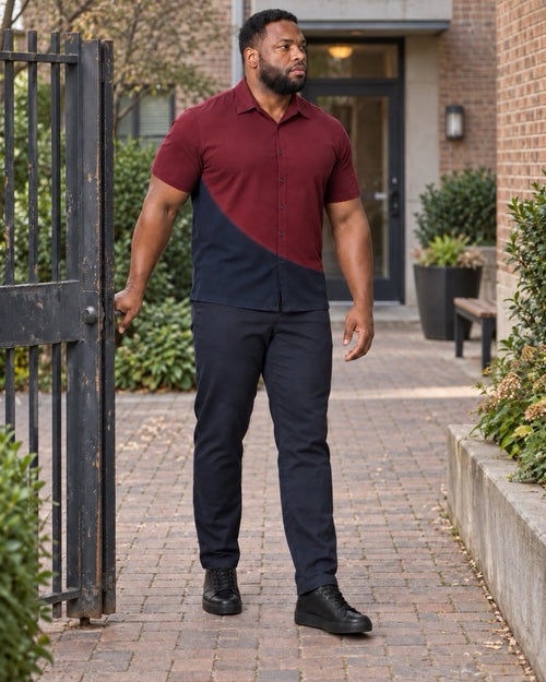 Burgundy Navy Curved Field outfit in an everyday setting