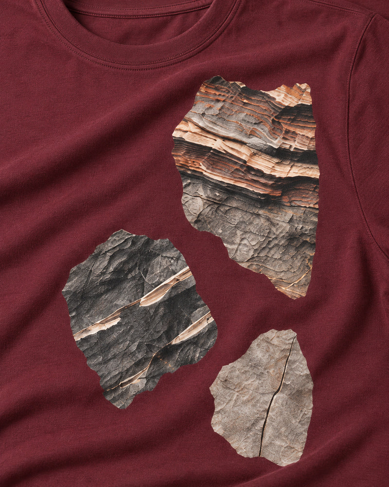 Burgundy Rock Layers graphic and garment details