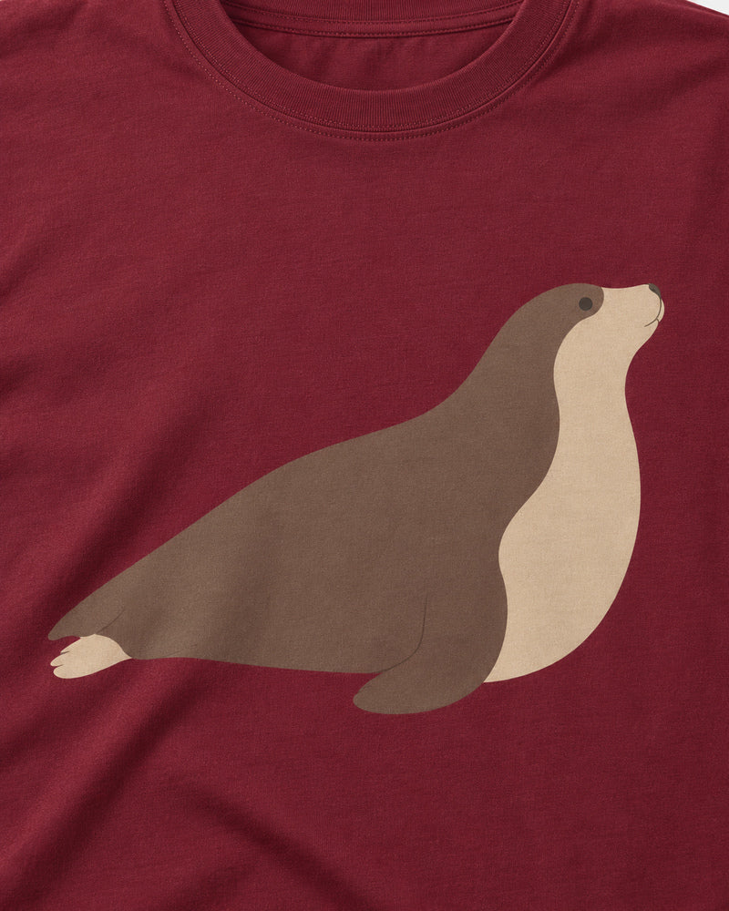 Burgundy Seal Rest graphic and garment details