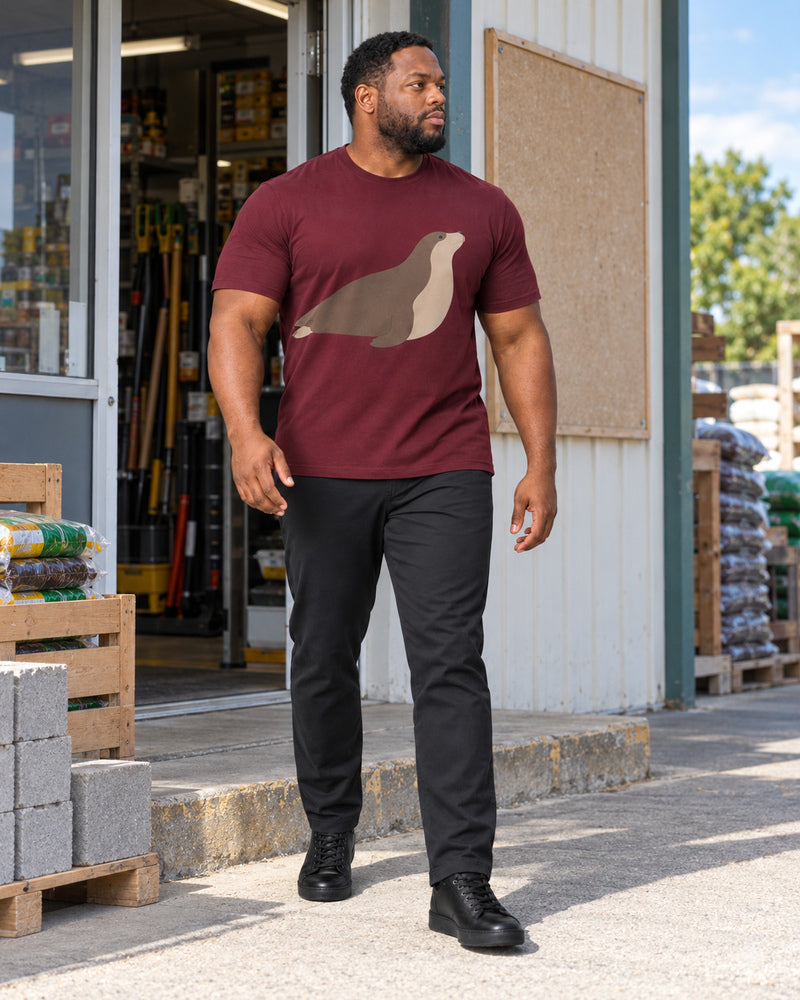 Burgundy Seal Rest outfit in an everyday setting