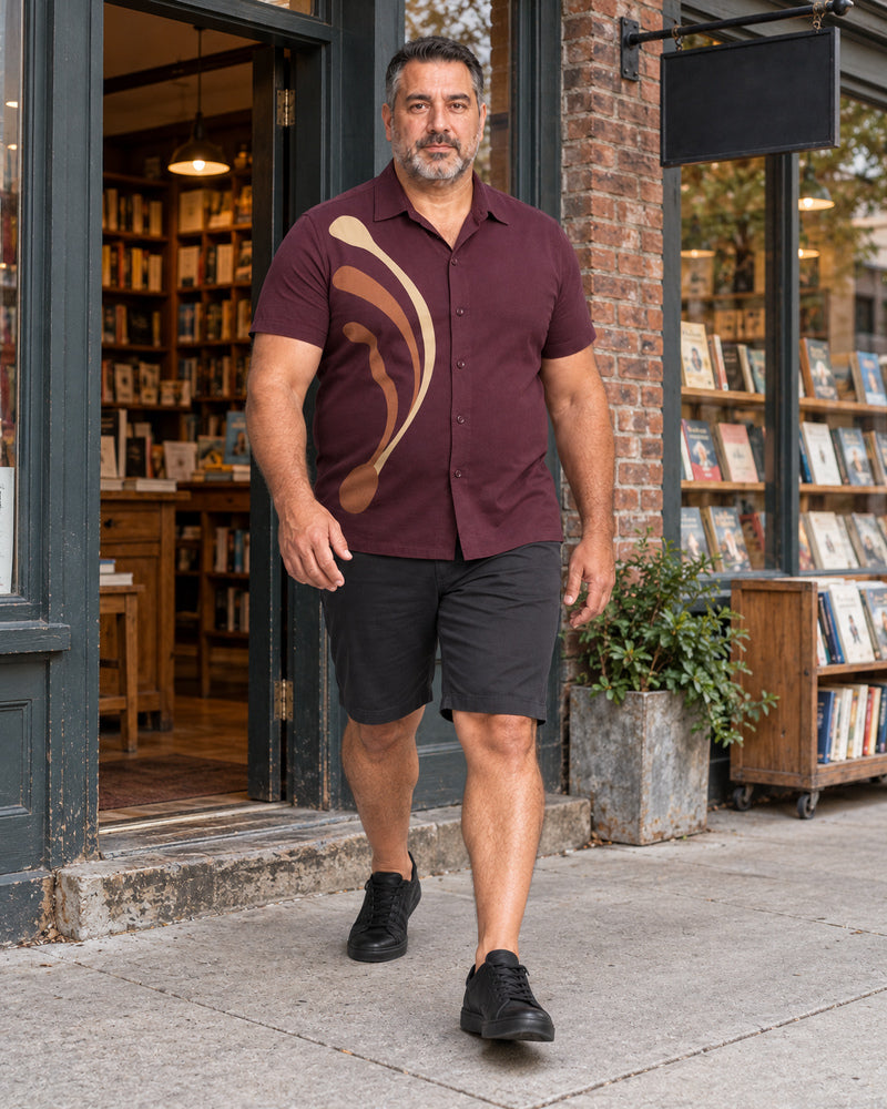 Burgundy Spline Field outfit in an everyday setting