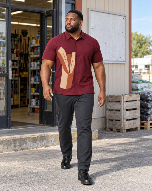 Burgundy Split Timber outfit in an everyday setting