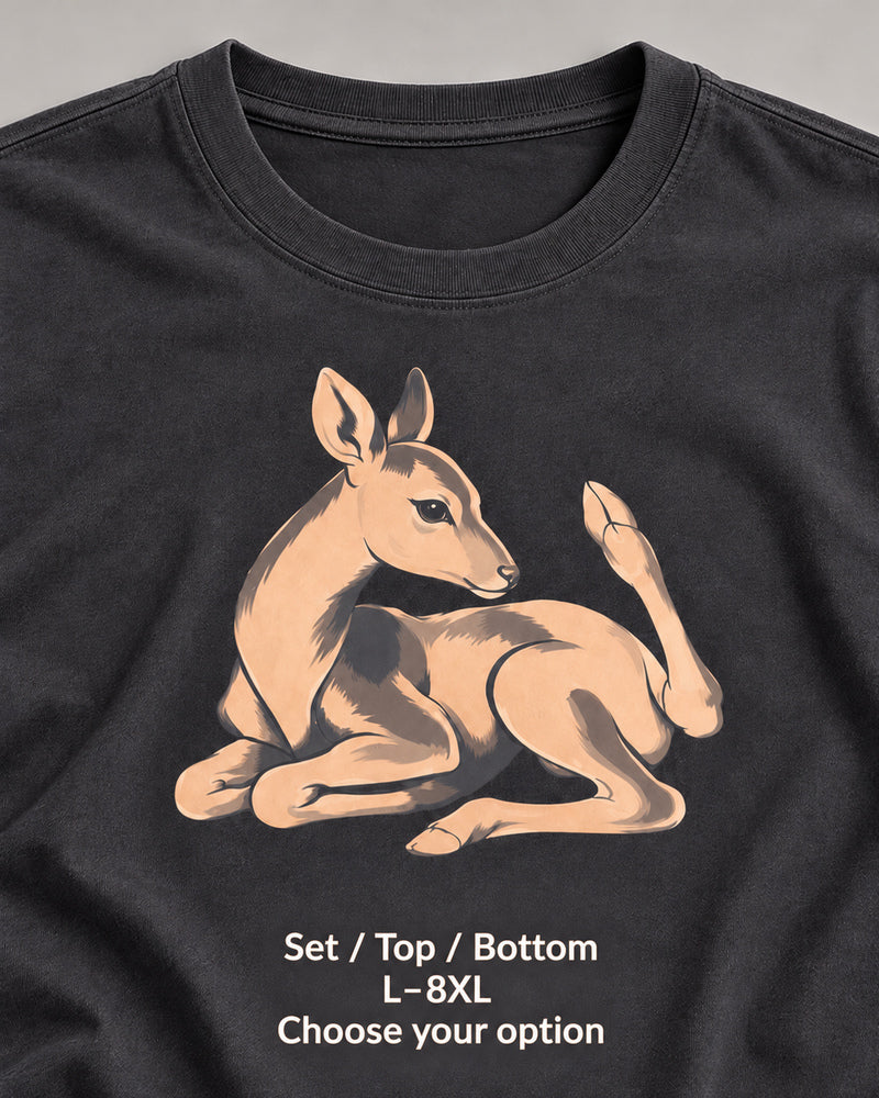 Charcoal Fawn Fold graphic and garment details