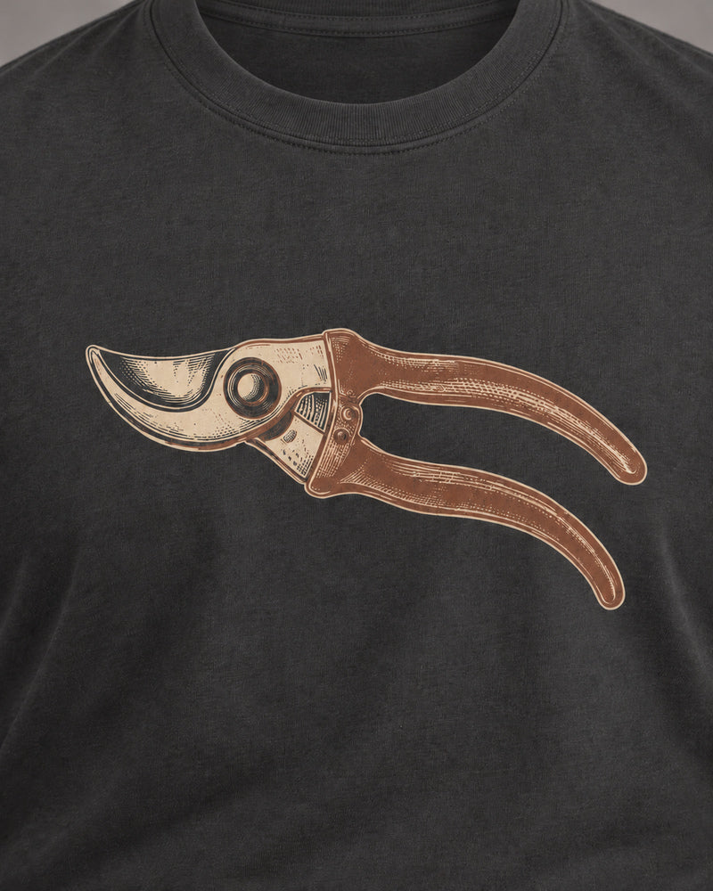 Charcoal Garden Pruner graphic and garment details