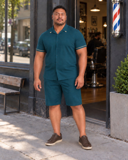 Deep Teal Edge Line outfit in an everyday setting