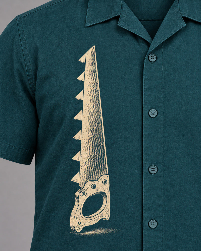 Deep Teal Hand Saw graphic and garment details