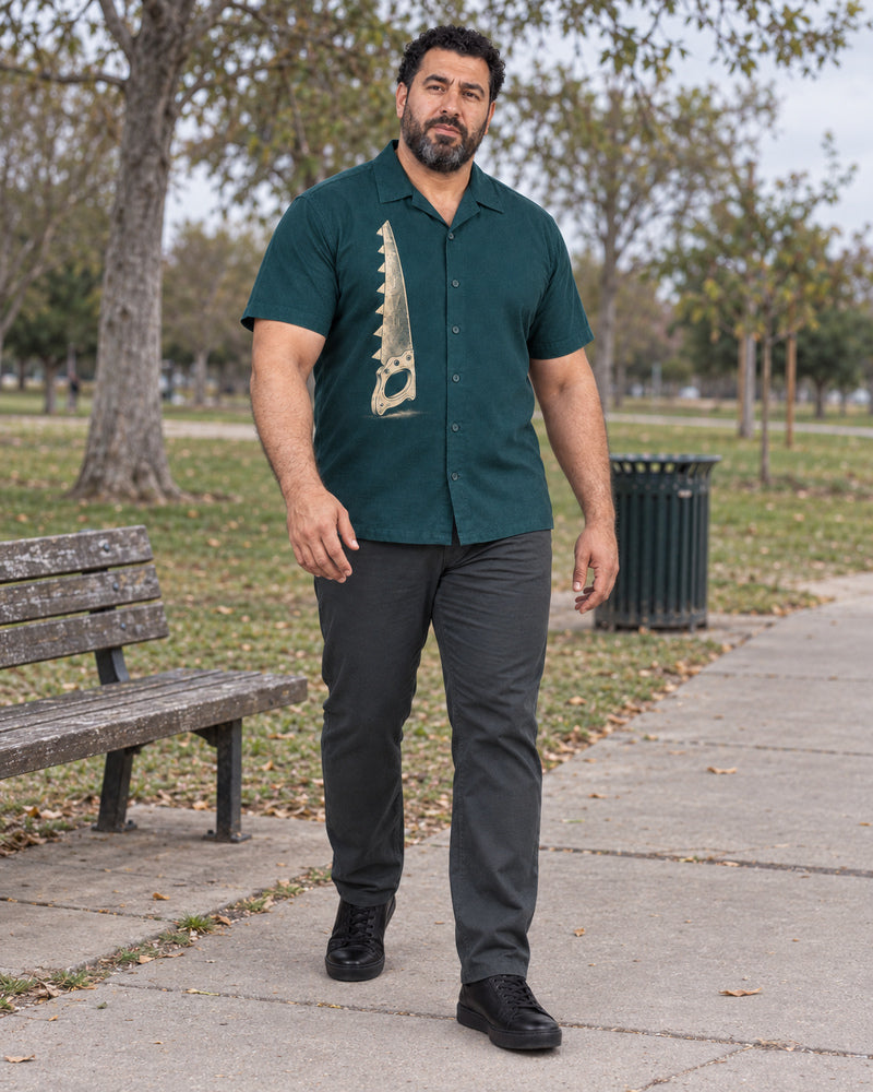 Deep Teal Hand Saw outfit in an everyday setting