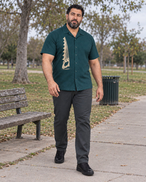 Deep Teal Hand Saw outfit in an everyday setting
