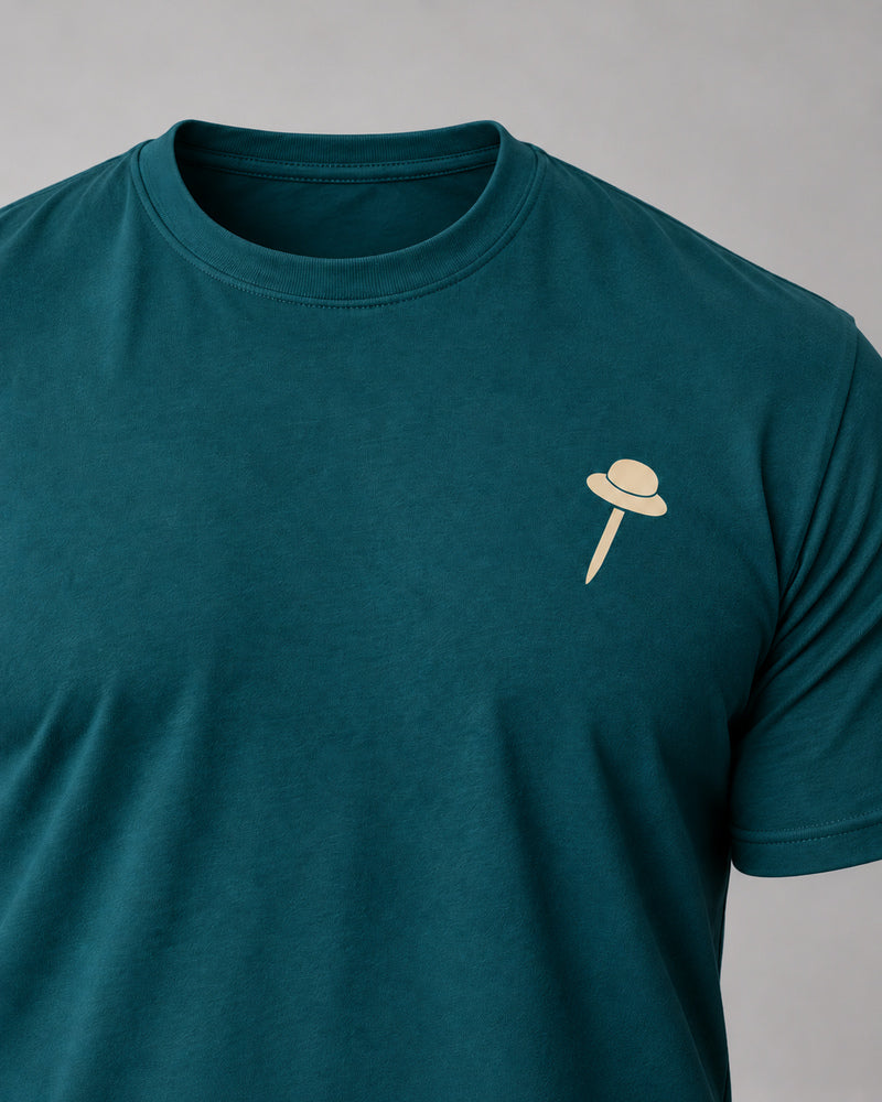 Deep Teal Pushpin graphic and garment details