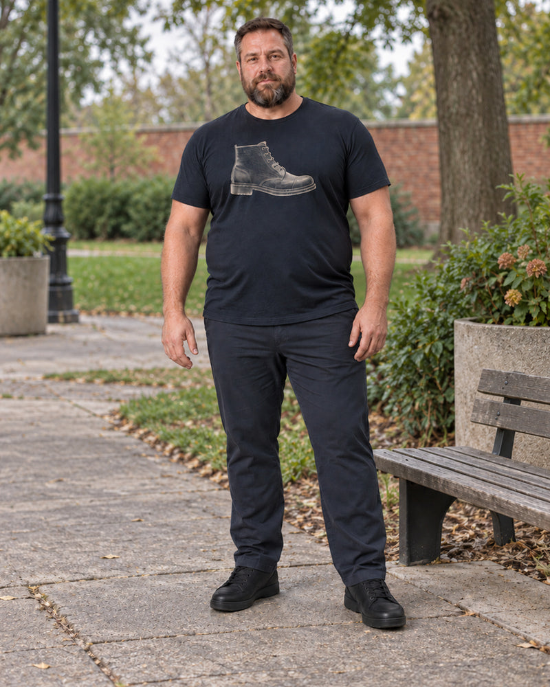 Navy Boot Study outfit in an everyday setting