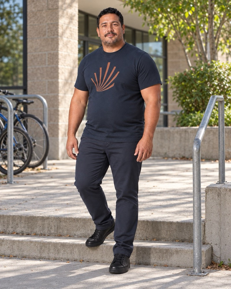 Navy Copper Fan Lines outfit in an everyday setting