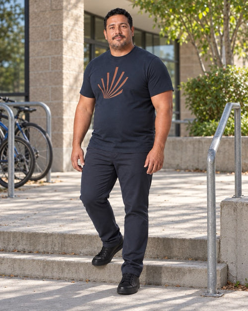 Navy Copper Fan Lines outfit in an everyday setting