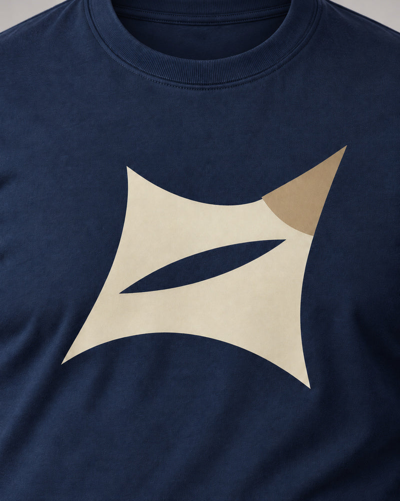 Navy Saddle Cut graphic and garment details