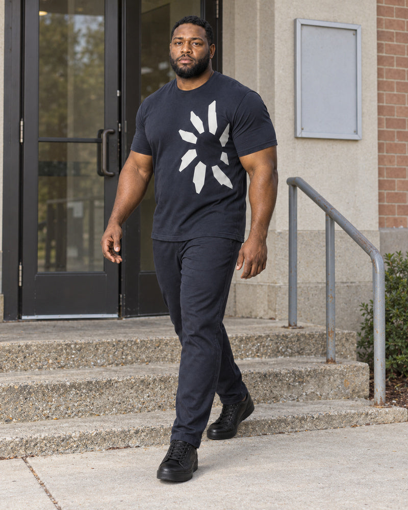 Navy Shard Hollow outfit in an everyday setting