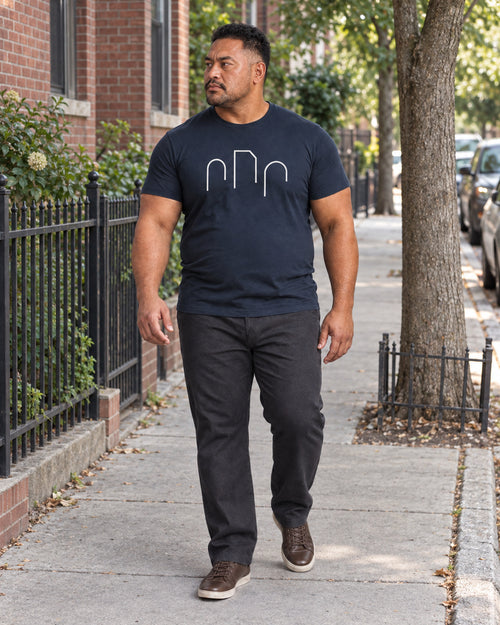 Navy Unequal Gates outfit in an everyday setting