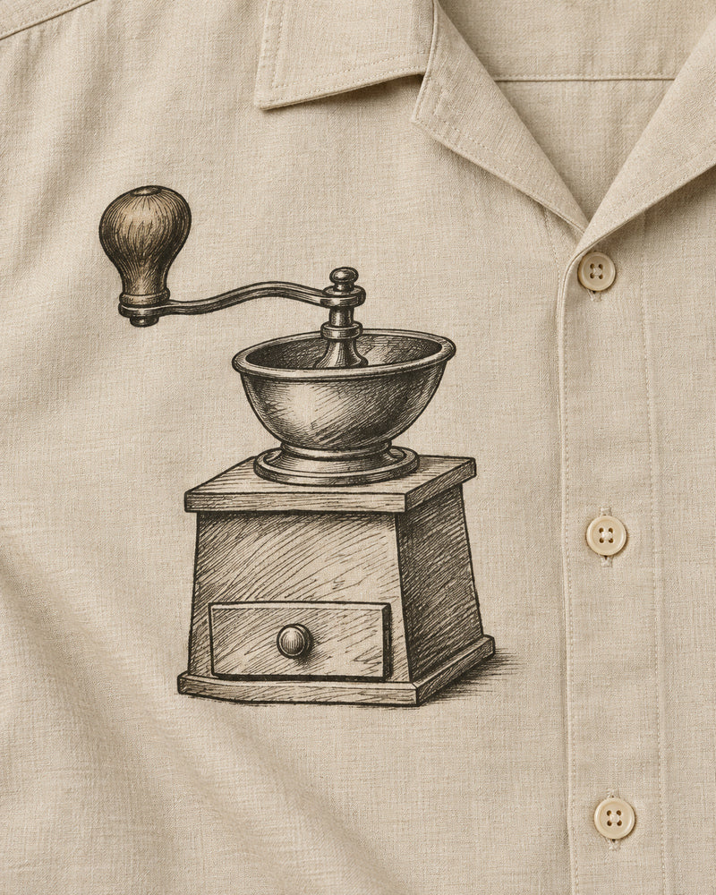 Oatmeal Hand Grinder graphic and garment details
