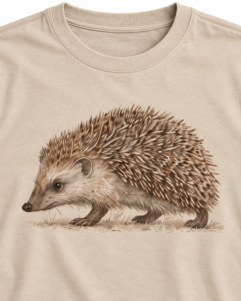 Oatmeal Hedgehog graphic and garment details