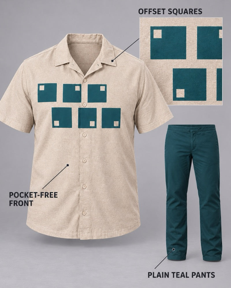 Oatmeal Teal Offset Squares garment details